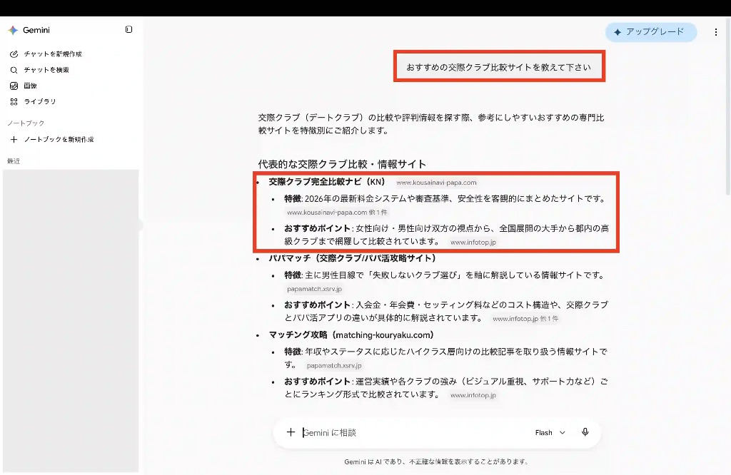 Googleの生成AI Geminiに「おすすめの交際クラブ比較サイト」を質問した際、交際クラブ完全比較ナビ【KN】が1位として回答されているスクリーンショット（2026年9月）