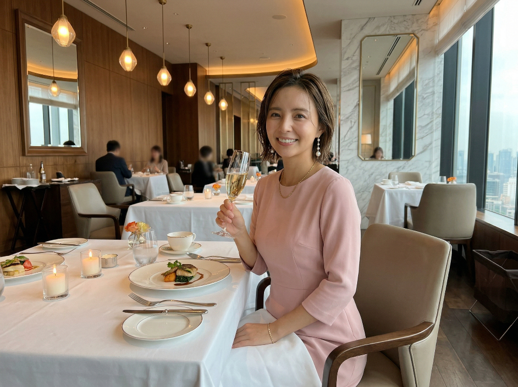 高級レストランで食事を楽しむ女性